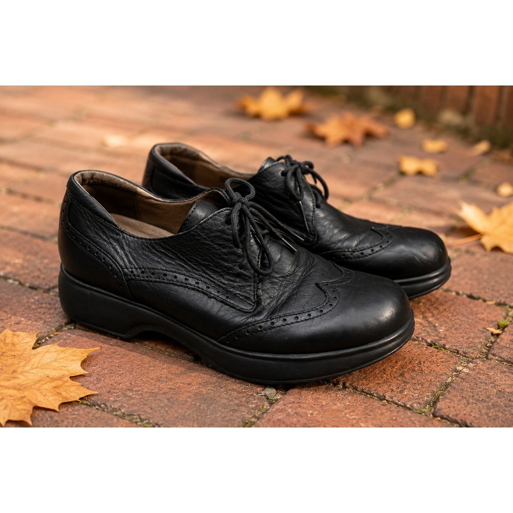 Dromedaris Hornbill Black Leather Wingtip Oxford Wedge Shoes 9.5-10 A414332